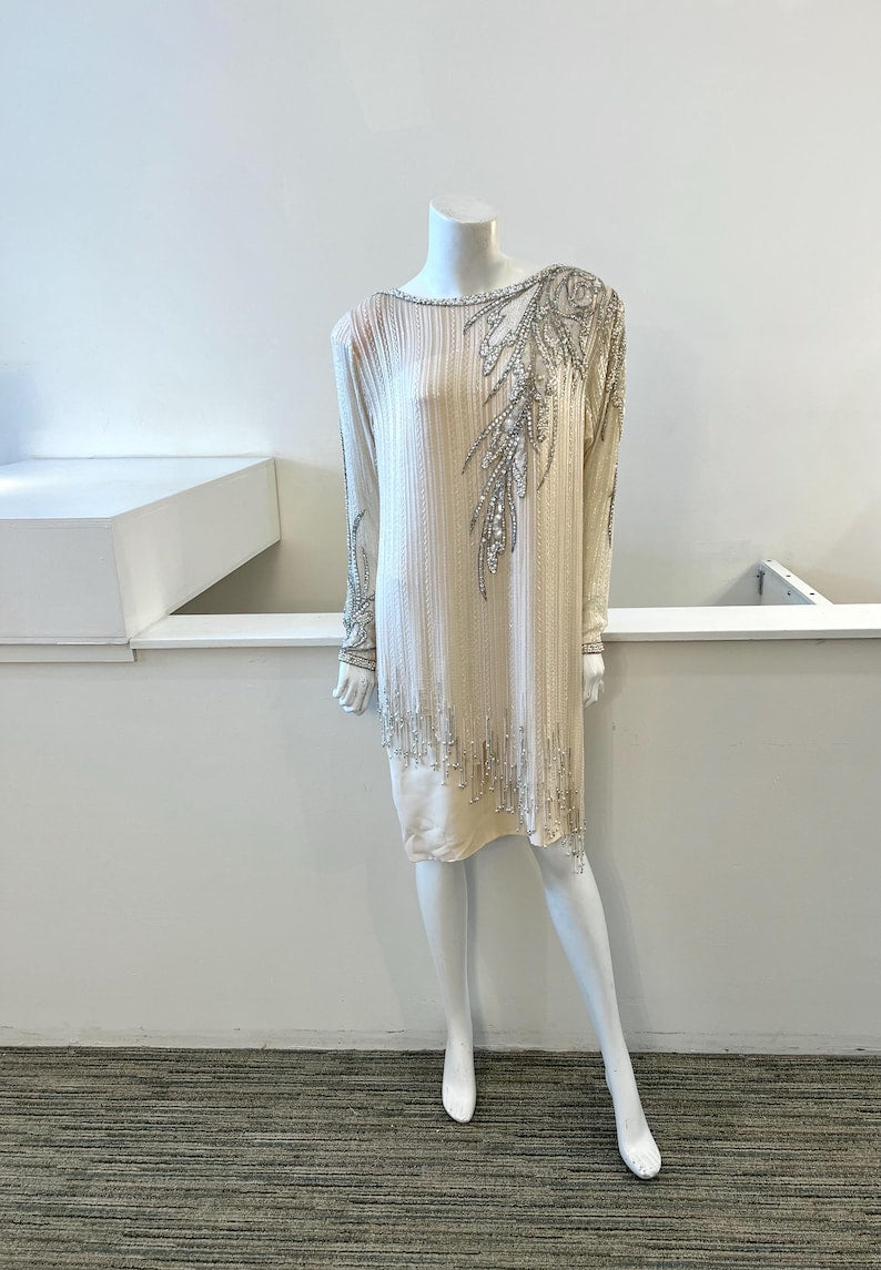 1980s Vintage Cream Beaded Silk Dress with Fringe Trim | Bob Mackie | Size 8, Medium