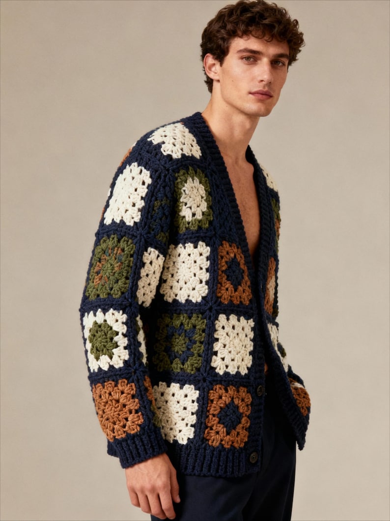 Handmade Knit Men's Sweater Cardigan Crochet Clothing Mens Retro 70's Jacket Winter Coat for Men Gifts for Boyfriend Christmas