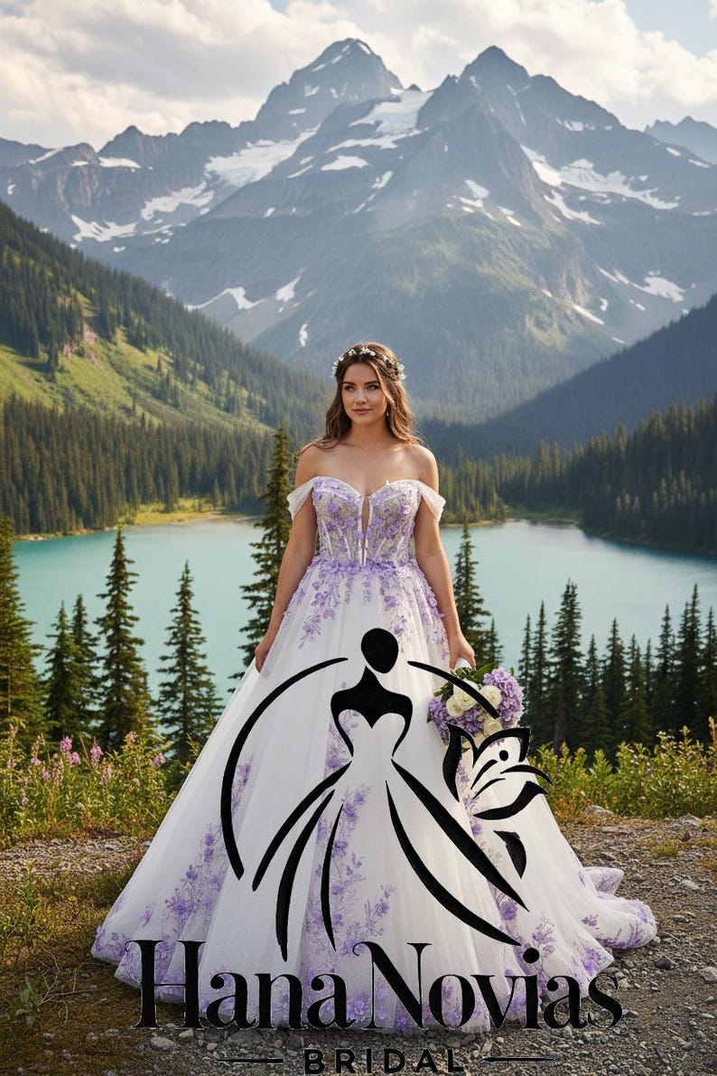 Wrenley – Whimsical Lavender 3D Floral Wedding Dress Bridal Gown with Off-Shoulder Sleeves and Tulle Skirt