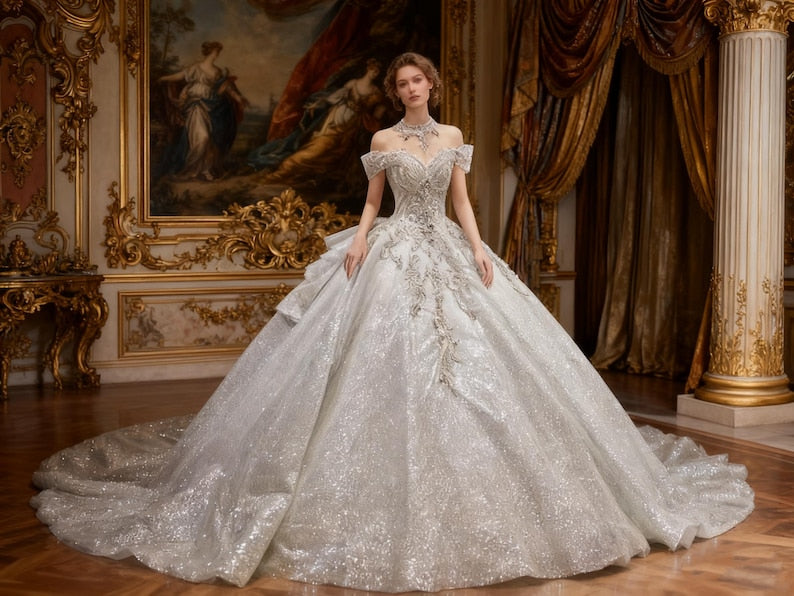 Wedding Dress with Embellishments Sparkling Off - Shoulder Ball Gown