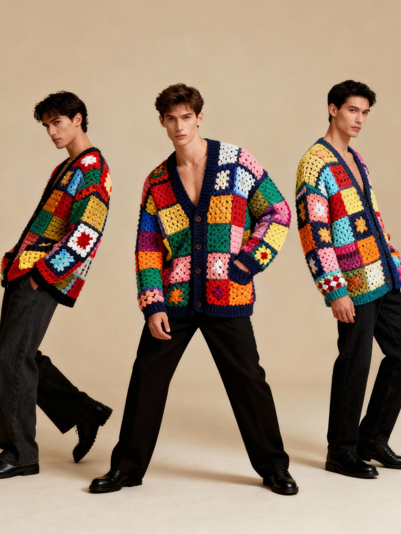 Handmade Knit Men's Sweater Cardigan Crochet Clothing Mens Retro 70's Jacket Winter Coat for Men Gifts for Boyfriend Christmas