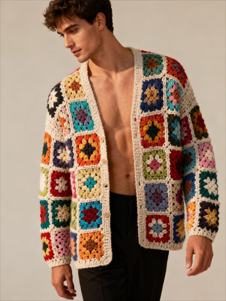 Handmade Knit Men's Sweater Cardigan Crochet Clothing Mens Retro 70's Jacket Winter Coat for Men Gifts for Boyfriend Christmas