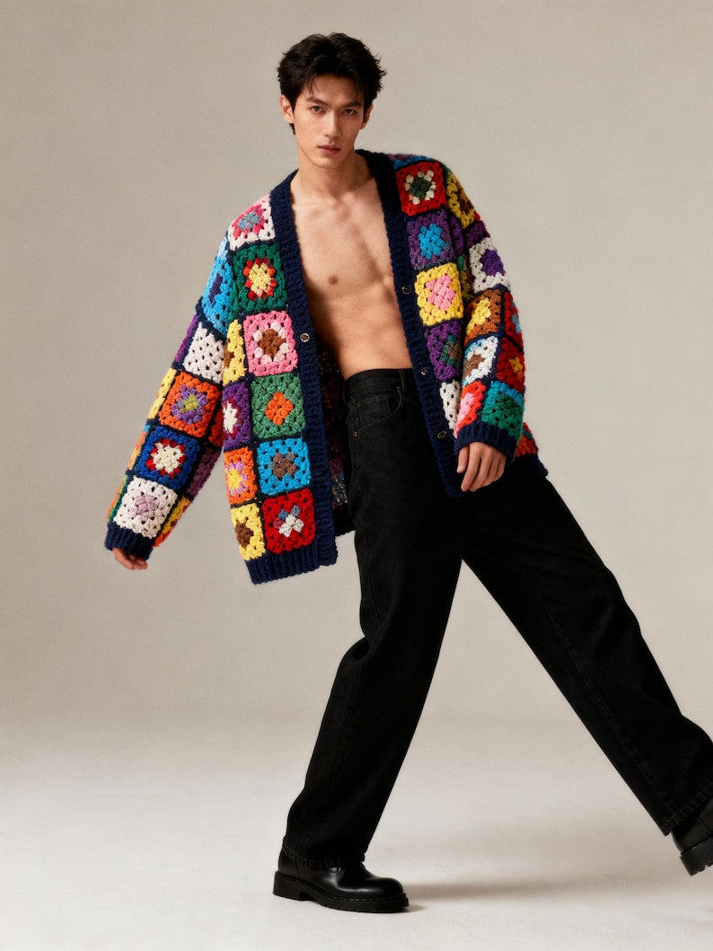 Handmade Knit Men's Sweater Cardigan Crochet Clothing Mens Retro 70's Jacket Winter Coat for Men Gifts for Boyfriend Christmas