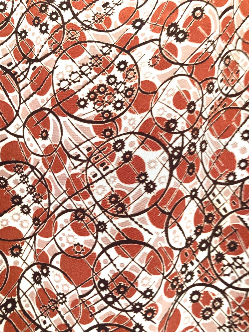 1940s Geometric Dress: Orange Circle Pattern with Collar, Size Large