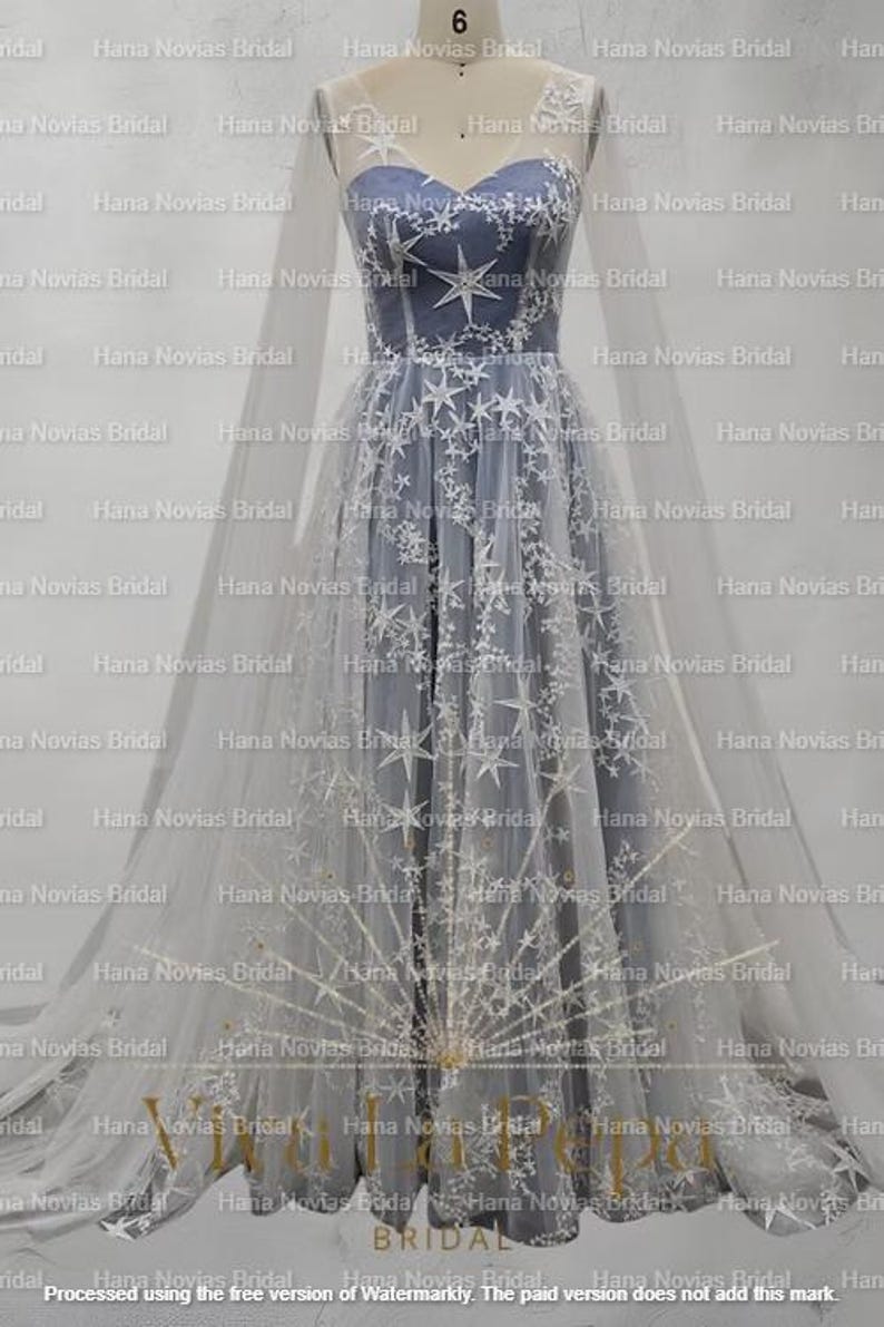 Léonie Celestial Star Wedding Dress – Enchantiva Bridal Gown with Cape Sleeves | Belt Optional | Moonlight Star Embroidered Dress