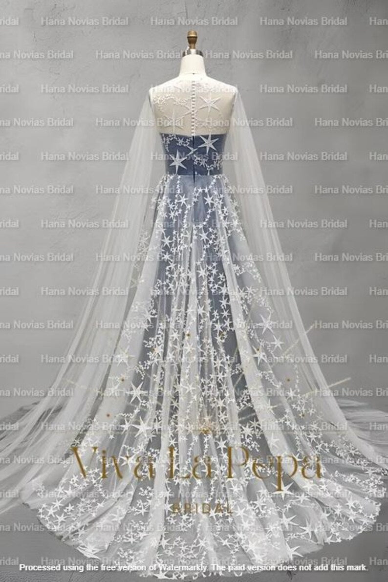 Léonie Celestial Star Wedding Dress – Enchantiva Bridal Gown with Cape Sleeves | Belt Optional | Moonlight Star Embroidered Dress