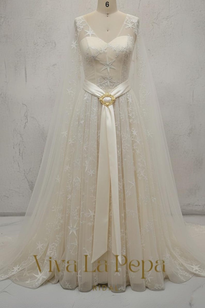 Léonie Celestial Star Wedding Dress – Enchantiva Bridal Gown with Cape Sleeves | Belt Optional | Moonlight Star Embroidered Dress