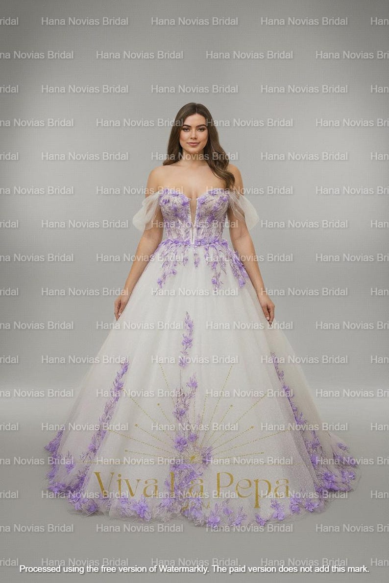 Wrenley – Whimsical Lavender 3D Floral Wedding Dress Bridal Gown with Off-Shoulder Sleeves and Tulle Skirt