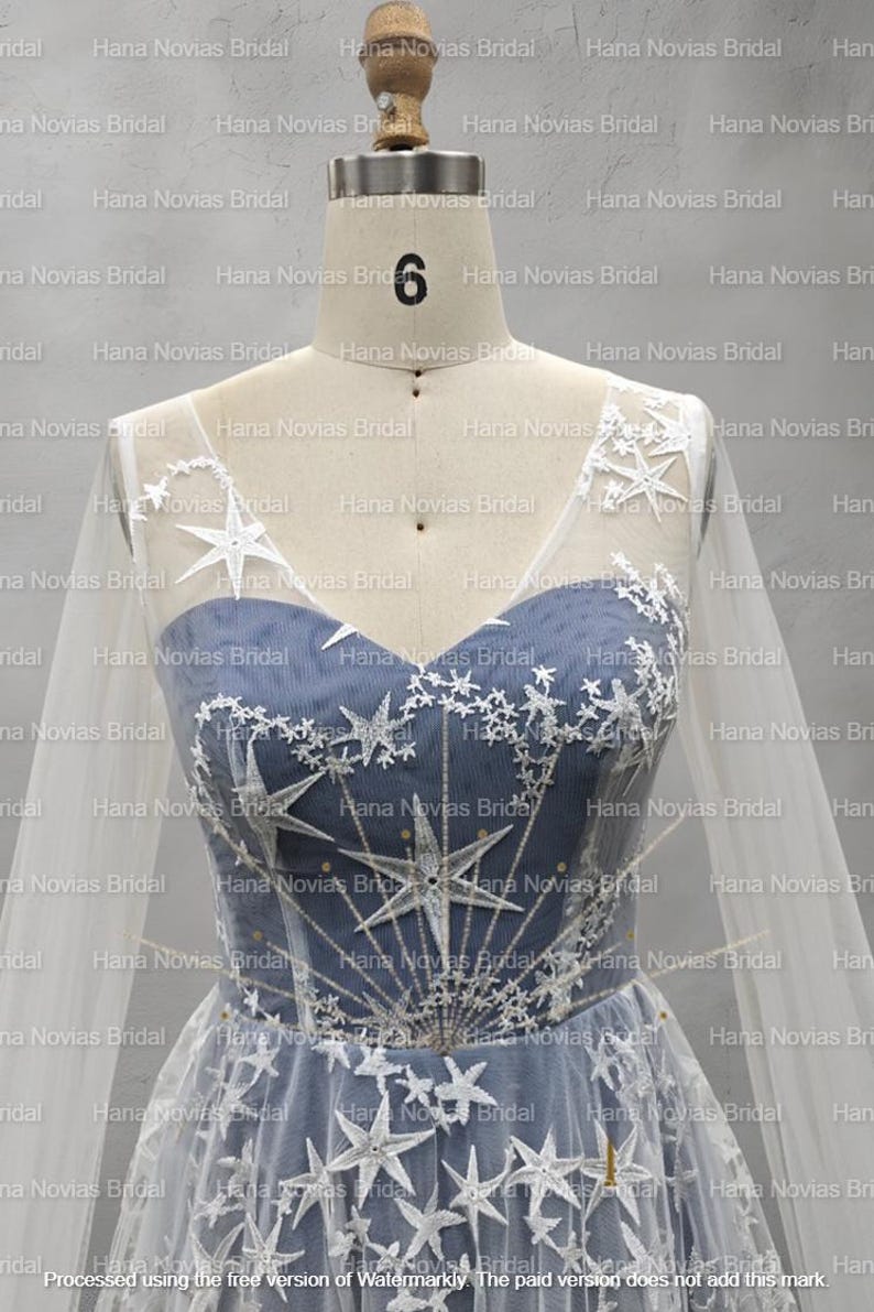 Léonie Celestial Star Wedding Dress – Enchantiva Bridal Gown with Cape Sleeves | Belt Optional | Moonlight Star Embroidered Dress