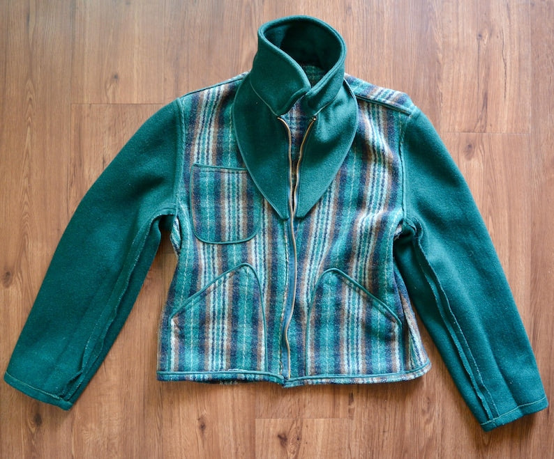 1940s Sportclad Wool Half-Belt Jacket - Vintage Workwear - 30s 40s 50s Penney’s Two-Tone Plaid ‘N Plain Rockabilly 2 Tone Cossack