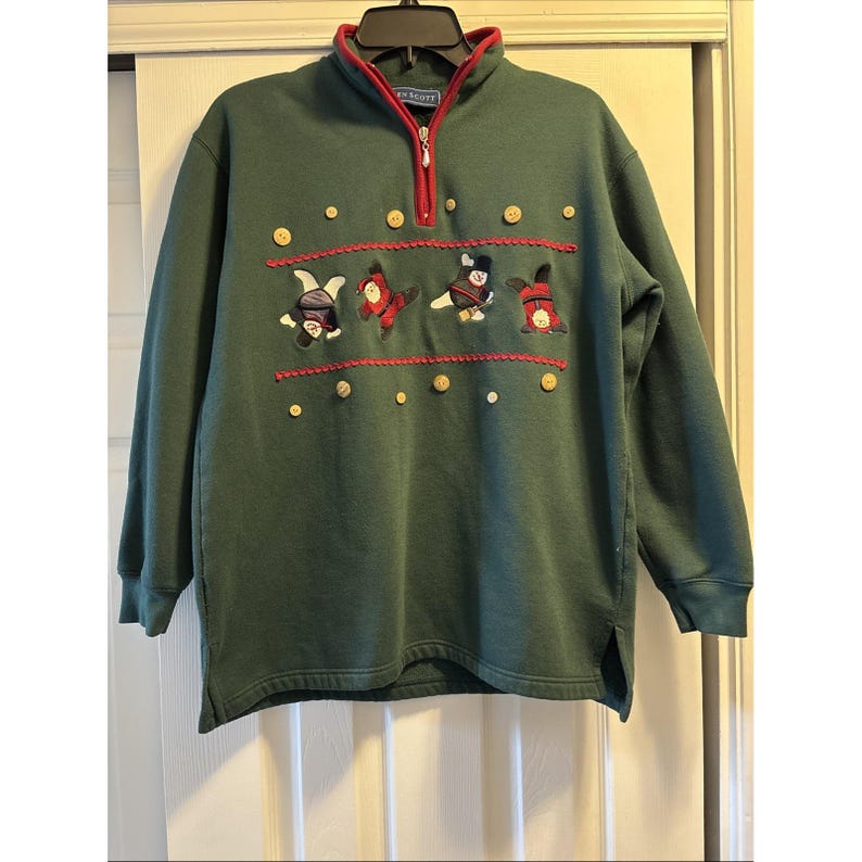 Vtg Karen Scott Ugly Christmas Holiday Festive Sweatshirt Santa Snowmen Buttons