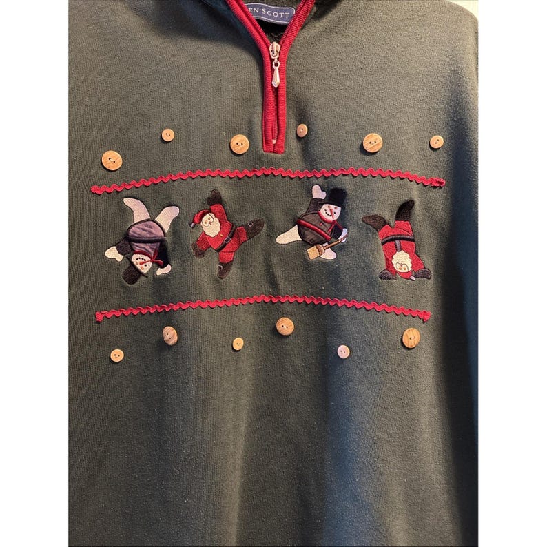 Vtg Karen Scott Ugly Christmas Holiday Festive Sweatshirt Santa Snowmen Buttons