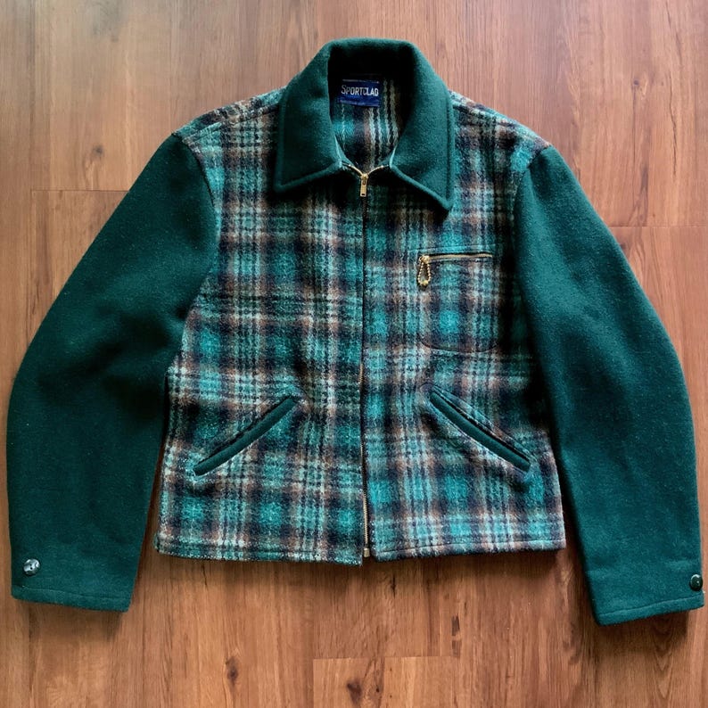 1940s Sportclad Wool Half-Belt Jacket - Vintage Workwear - 30s 40s 50s Penney’s Two-Tone Plaid ‘N Plain Rockabilly 2 Tone Cossack