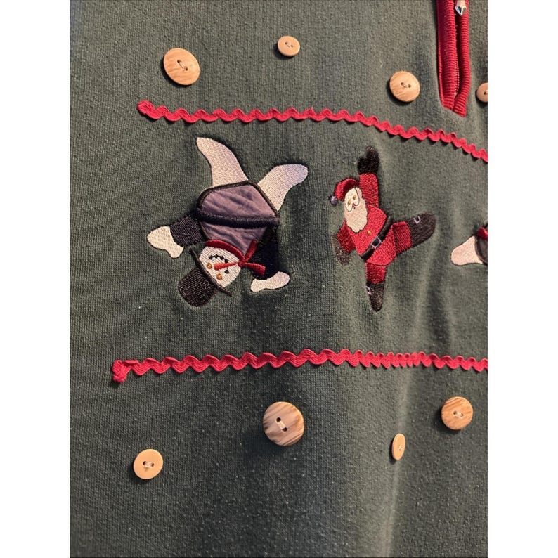 Vtg Karen Scott Ugly Christmas Holiday Festive Sweatshirt Santa Snowmen Buttons