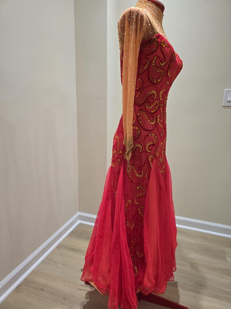 Chrisanne Couture Standard Ballroom Dress – Red & Gold – Fully Stoned – Adult Size S/M