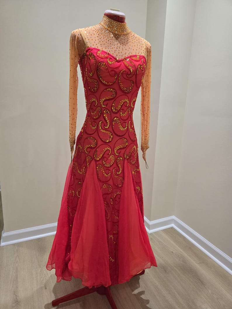 Chrisanne Couture Standard Ballroom Dress – Red & Gold – Fully Stoned – Adult Size S/M