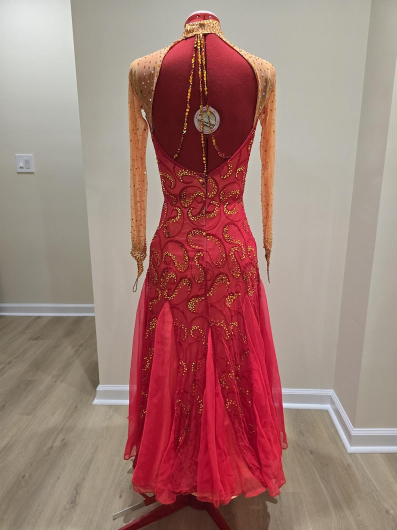 Chrisanne Couture Standard Ballroom Dress – Red & Gold – Fully Stoned – Adult Size S/M