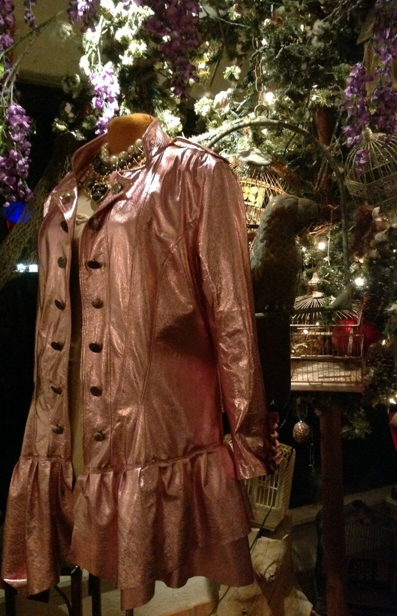 showdiva designs Metallic Leather Military Inspired Coat Asymmetrical Ruffles hints of Leopard