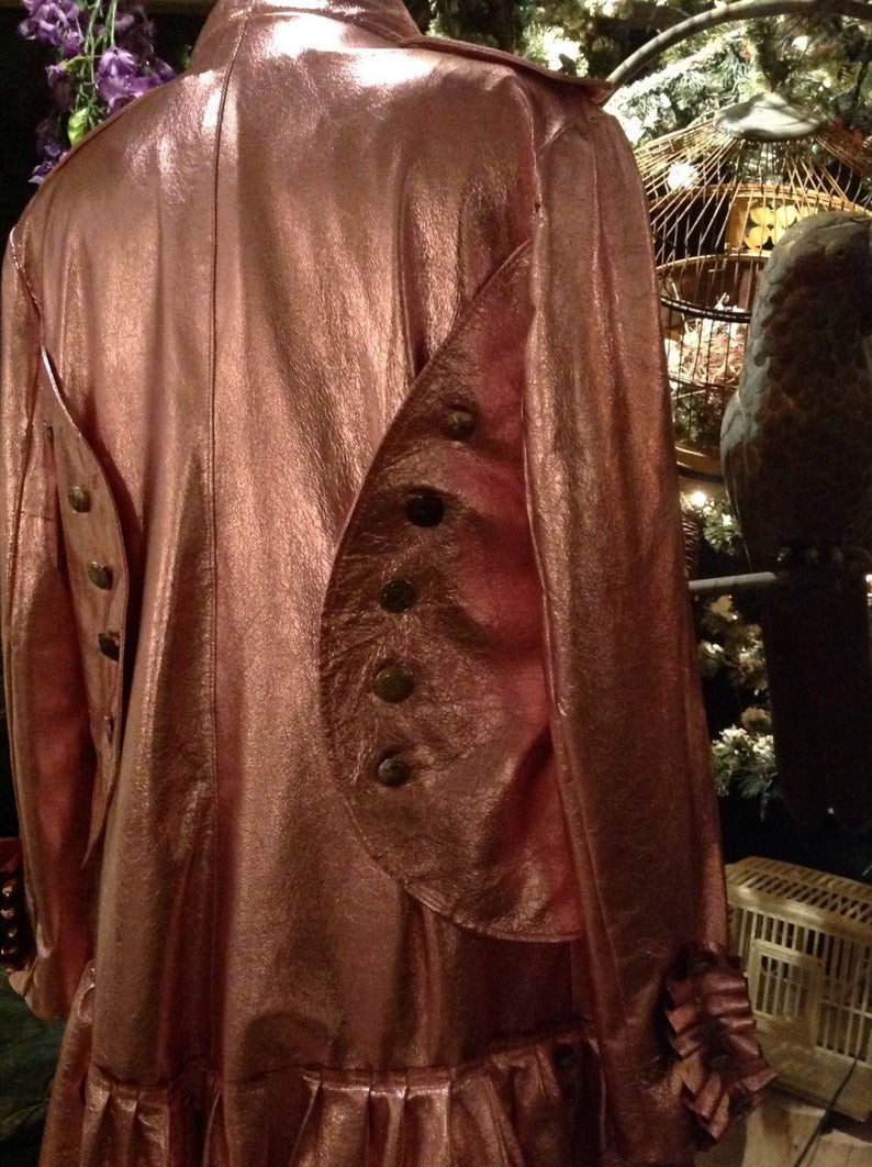 showdiva designs Metallic Leather Military Inspired Coat Asymmetrical Ruffles hints of Leopard