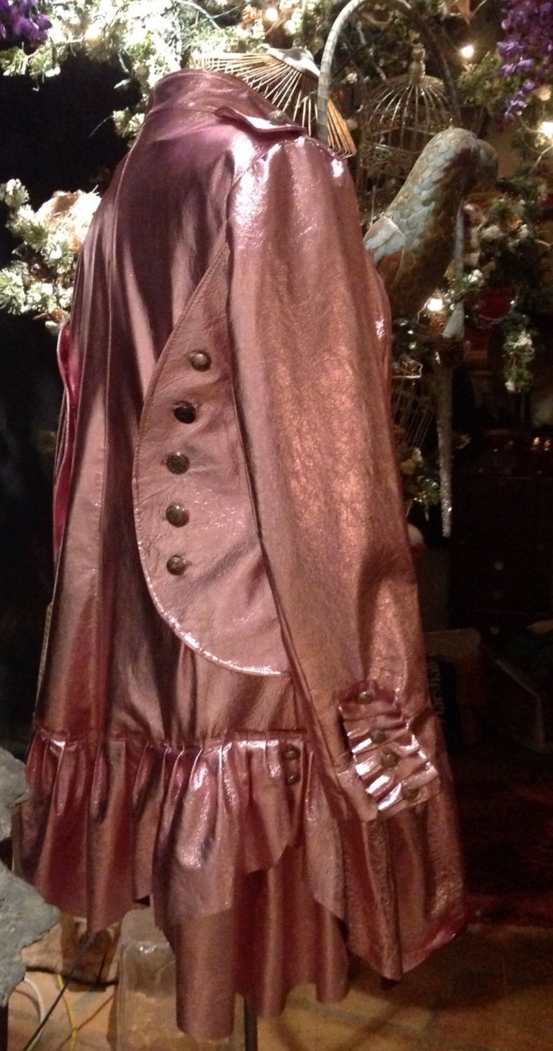 showdiva designs Metallic Leather Military Inspired Coat Asymmetrical Ruffles hints of Leopard