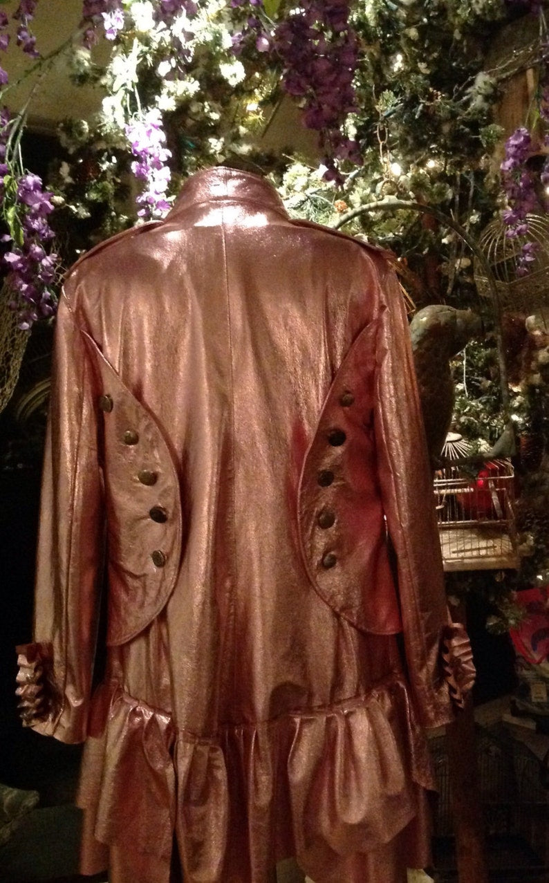 showdiva designs Metallic Leather Military Inspired Coat Asymmetrical Ruffles hints of Leopard