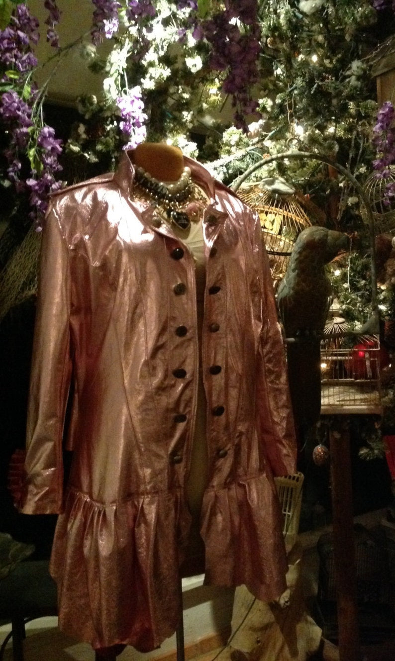 showdiva designs Metallic Leather Military Inspired Coat Asymmetrical Ruffles hints of Leopard